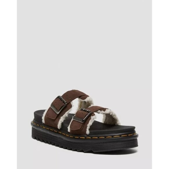Doc Dr. Martens Myles Suede Fur Lined Buckle Slide Brown Sandals 38 US 7 NWT - Picture 2 of 7